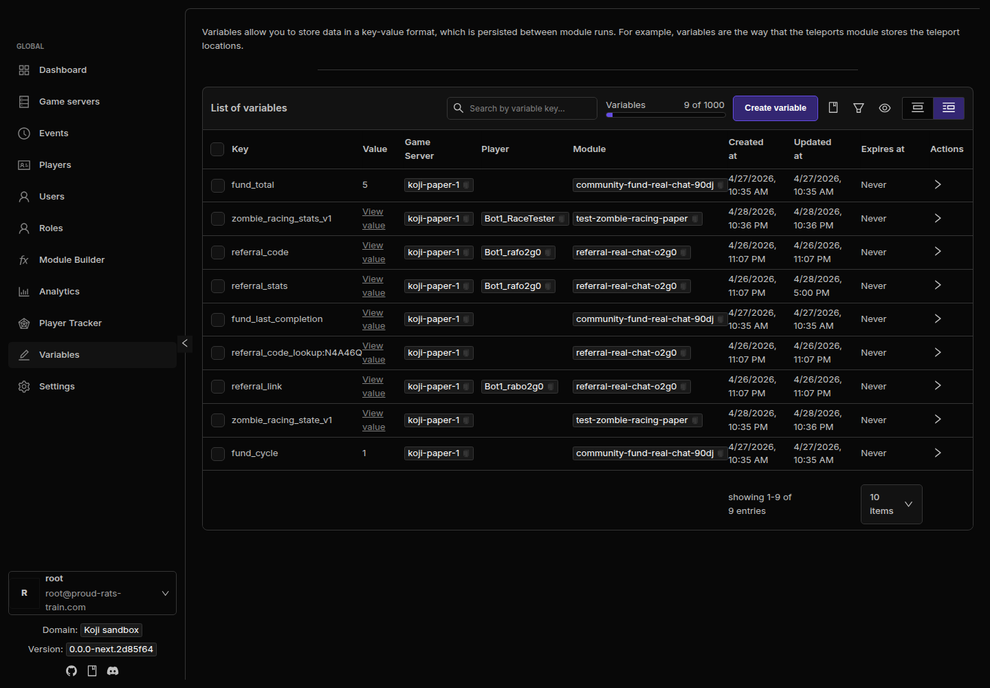 Takaro app variables showing Zombie Racing state and stats