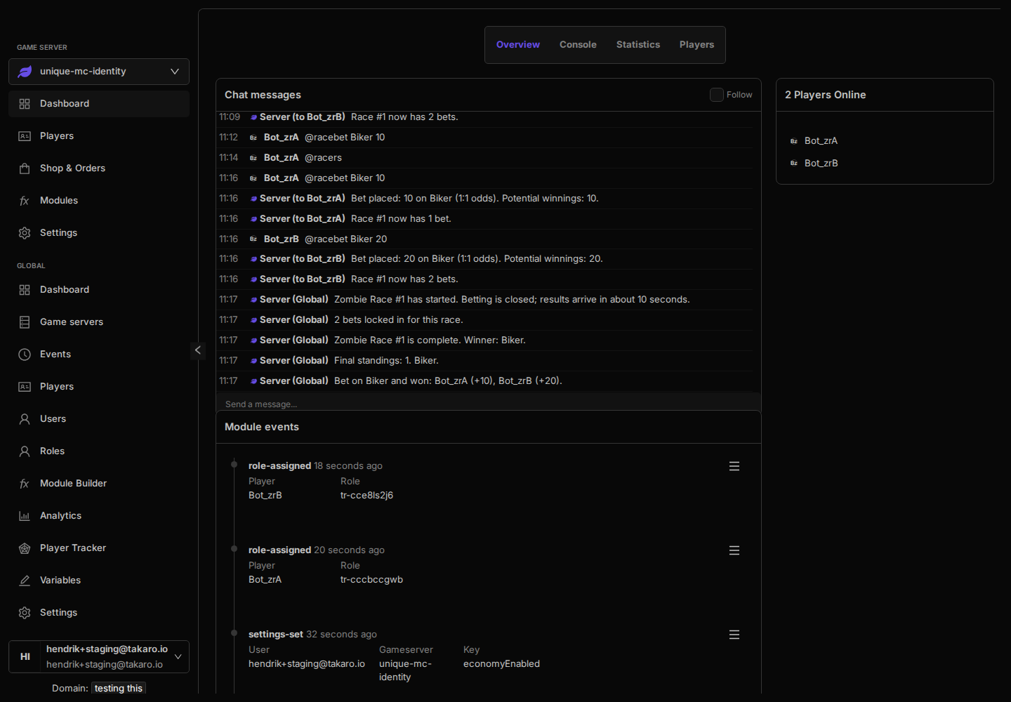 Zombie Racing chat result in Takaro