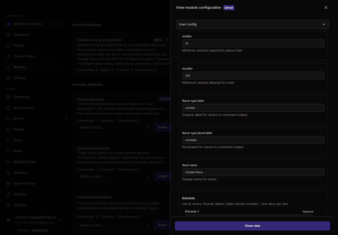 Zombie Racing user configuration in Takaro